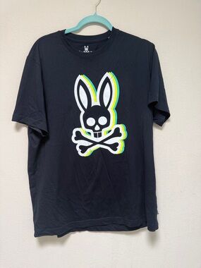 Psycho Bunny Black Tee with Neon Outline Skull Bunny